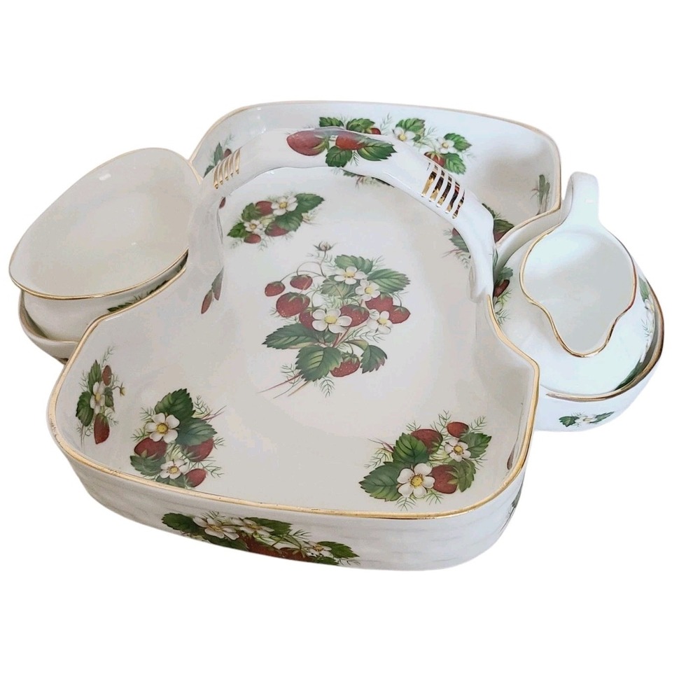 Vintage 3-Piece Hammersley Strawberry Ripe Berry Basket with Sugar & Creamer